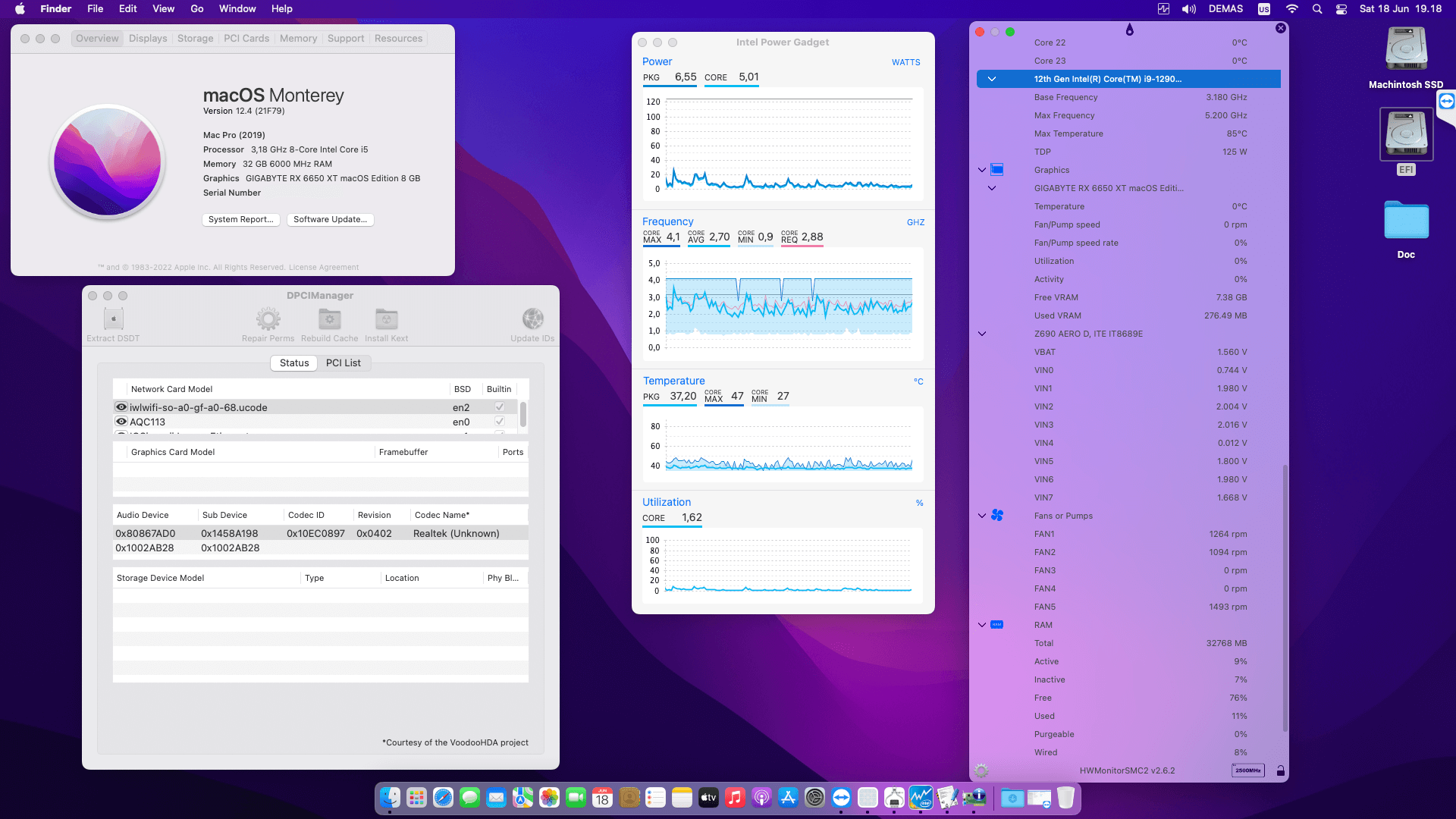 Success Hackintosh macOS Monterey 12.4 Build 21F79 in Gigabyte Z690 Aero D + Intel Core i9 12900K + Gigabyte RX 6650 XT
